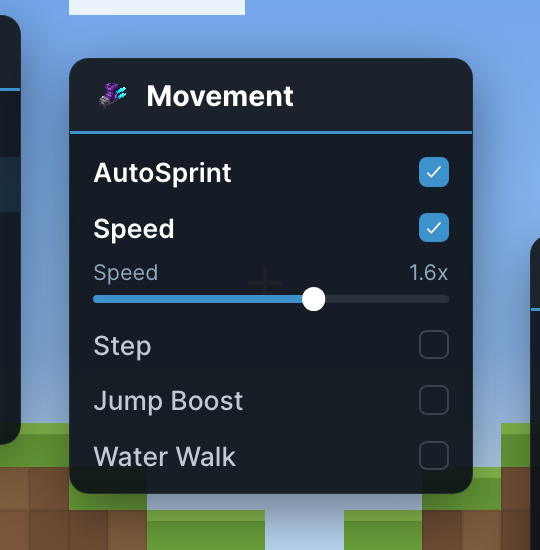 Close-up of Lunar's Movement panel with AutoSprint and Speed enabled and a speed slider set to 1.6x