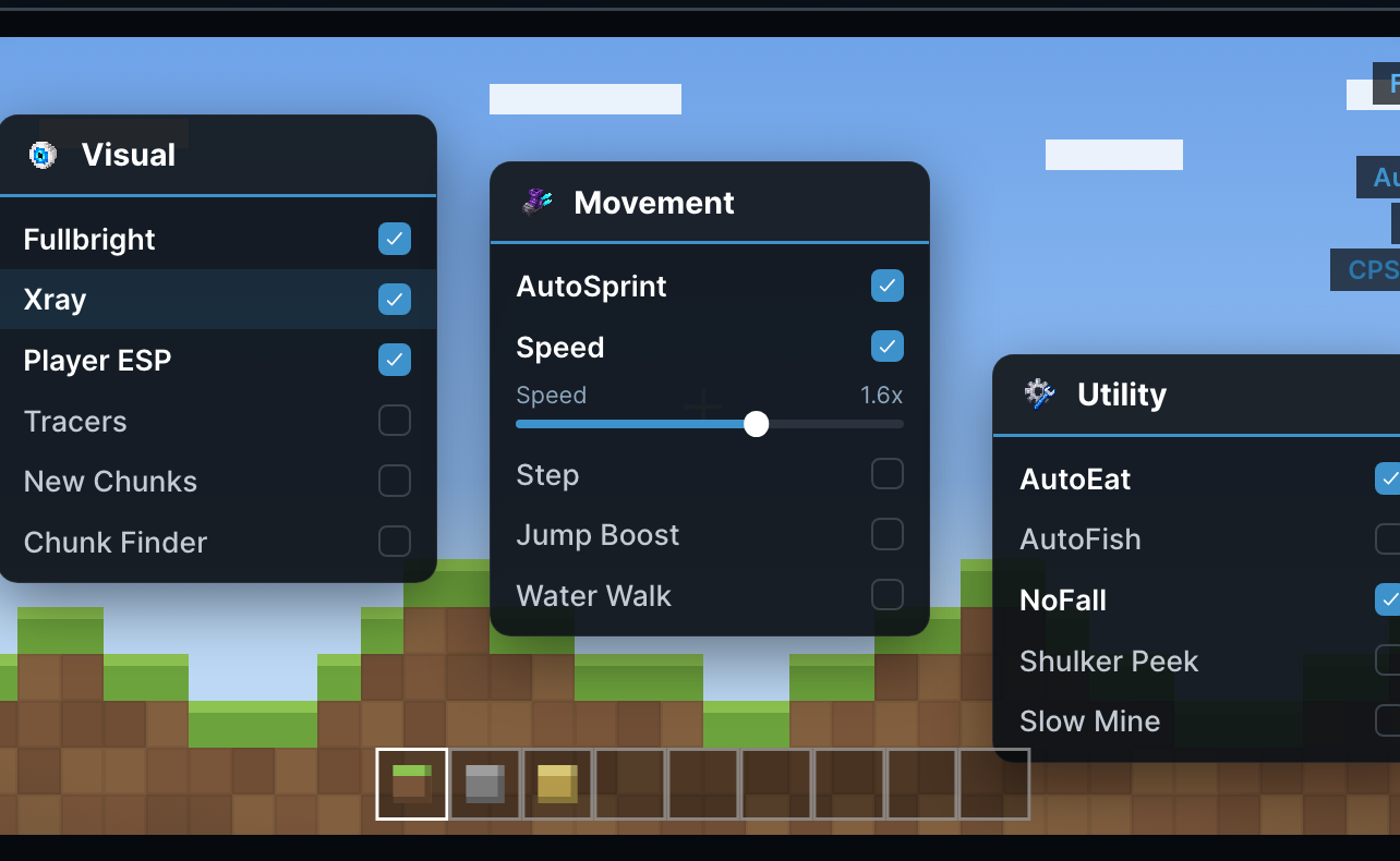 Lunar's in-game ClickGUI panel open over Minecraft, with Visual, Movement, and Utility modules toggled on