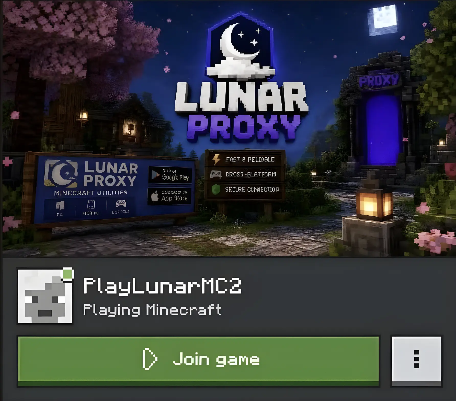 Minecraft's Friends tab showing PlayLunarMC2 with a Join game button