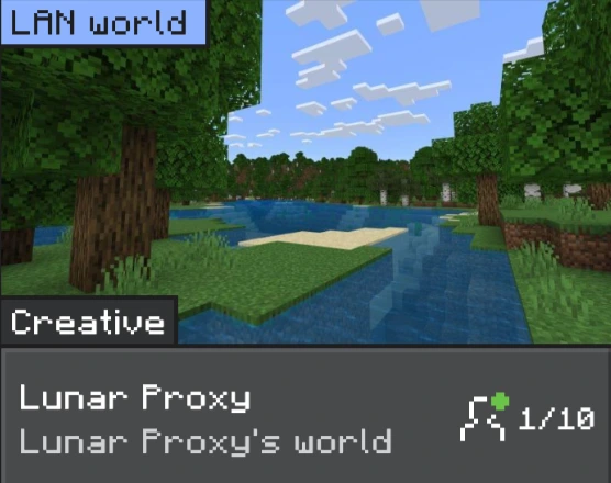 Minecraft's LAN world list showing an entry named Lunar Proxy